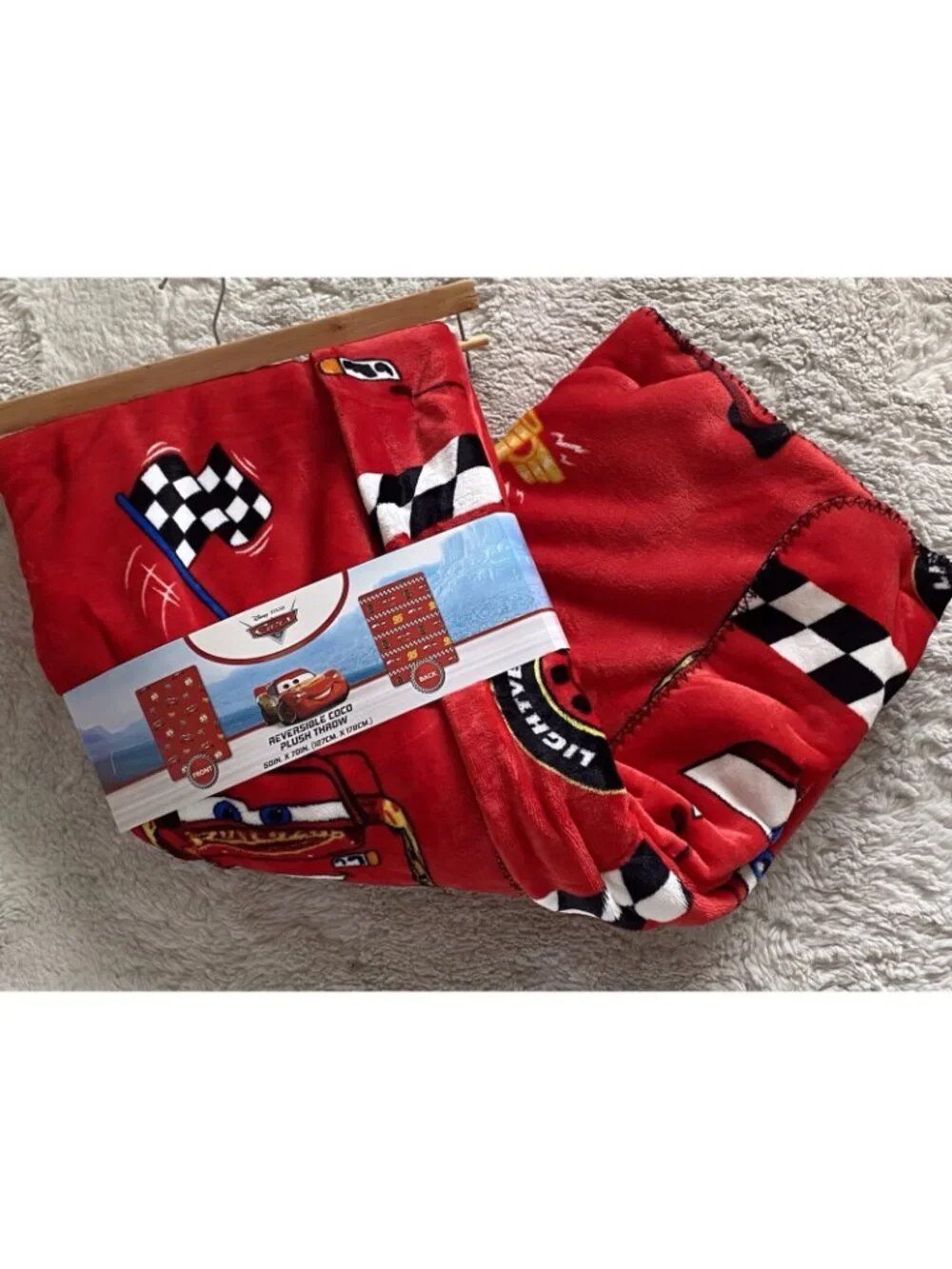 DISNEY Pixar CARS LIGHTNING MCQUEEN Reversible Coco Throw Blanket 50 X 70” NEW
